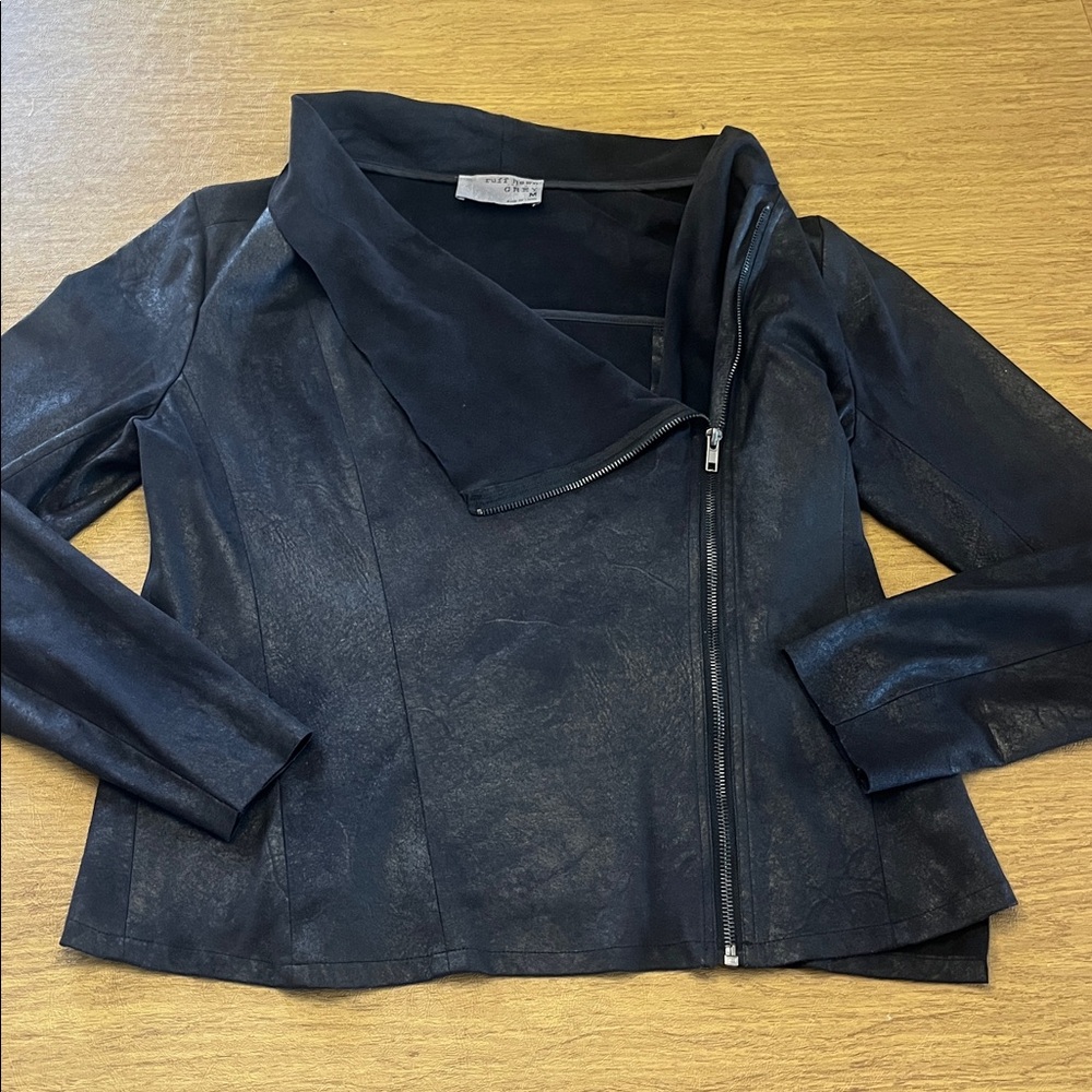 Ruff Hewn Black Stretch Vegan Leather Lightweight Jacket, Asymmetrical Zip, Sz L